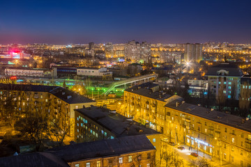 Fototapeta premium Aerial view to night Voronezh downtown. Modern and historical buildings 
