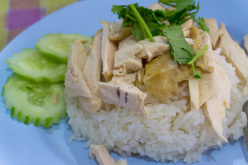 Close-up Asian Chinese food style Steam Chicken with Rice and sauce
