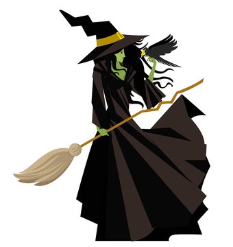 evil green witch with raven bird and broom