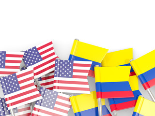 Fototapeta na wymiar Flag pins of USA and Colombia isolated on white. 3D illustration