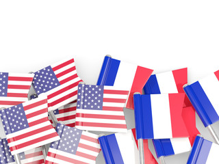 Fototapeta na wymiar Flag pins of USA and France isolated on white. 3D illustration
