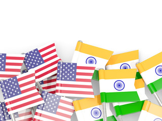 Fototapeta na wymiar Flag pins of USA and India isolated on white. 3D illustration