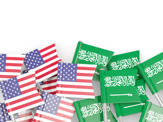 Flag pins of USA and Saudi arabia isolated on white. 3D illustration
