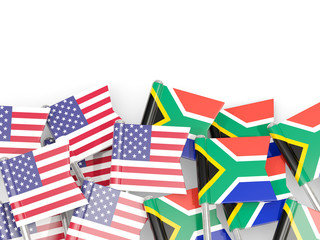 Flag pins of USA and South Africa isolated on white. 3D illustration