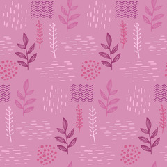 Colorful tender floral seamless hand-drawn pattern scandinavian design style on a pink background. Vector illustration