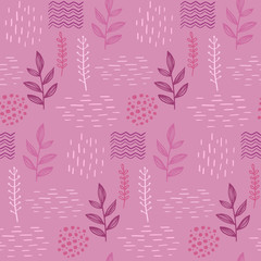 Colorful tender floral seamless hand-drawn pattern scandinavian design style on a pink background. Vector illustration