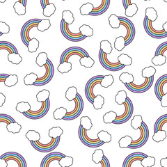 Abstract vector seamless pattern with rainbow on white background. Color image. Pattern with unicorn design. Rainbow with clouds in a flat style.