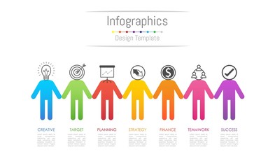 Infographic design elements for your business data with 7 options, parts, steps, timelines or processes, connecting people concept. Vector Illustration.