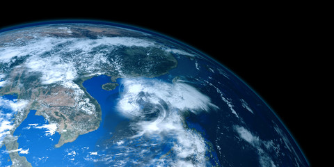Extremely detailed and realistic high resolution 3D illustration of a tropical storm approaching China and Hong Kong. Shot from Space. Elements of this image are furnished by Nasa.