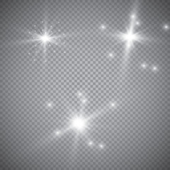 Set of glowing light effects with transparency isolated on plaid vector background. Lens flares, rays, stars and sparkles with bokeh collection.