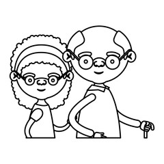 sketch silhouette half body elderly couple in walking stick grandmother bow lace and curly hairstyle and grandfather with glasses