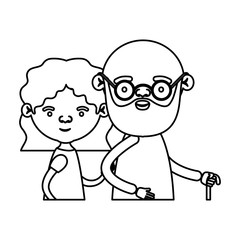 sketch silhouette half body elderly couple in walking stick grandmother wavy hairstyle and grandfather with beard and glasses