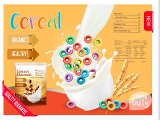 Milk flowing into a bowl with cereal. Design element for packaging and advertising. Vector