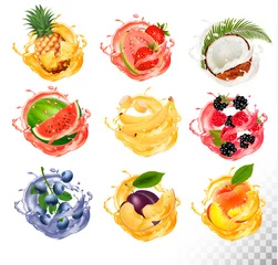 Fotobehang Set of fruit juice splash. Pineapple, strawberry, watermelon, mango, peach, blackberry, raspberry, banana, guava, bueberry, coconut. Vector © ecco