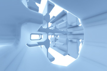Abstract Futuristic tunnel like spaceship corridor blue metal in white space. 3d illustration