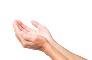 Man hands holding something or praying on white background