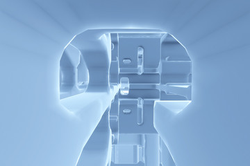 Abstract Futuristic tunnel like spaceship corridor blue metal in white space. 3d illustration