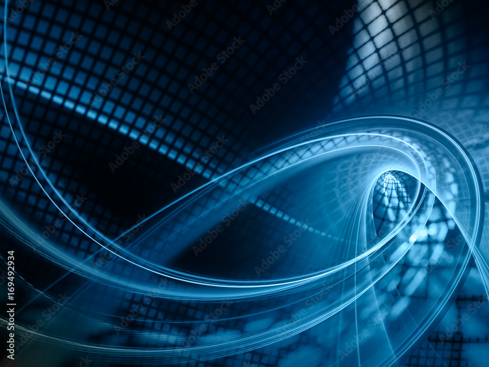 Fototapete Abstract blue background element. Grids and curves series. Fractal graphics. Composition of net shapes, curves, motion blur and waveforms. High resolution.