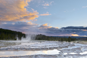 Great Fountain Geyser at sunset, Yellowstone NP, WY, USA