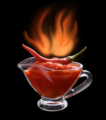 Red chili sauce in the sauce boat. With pepper and flame.