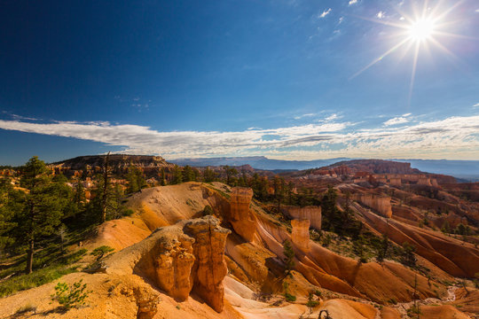 Landscape in Bryce Canyon, with red sandstone columns and beautiful, bright, sky, in autumn