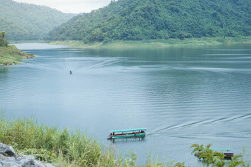 Fototapeta na wymiar Boat at Khun Dan Prakan Chon of Dam in Thailand.