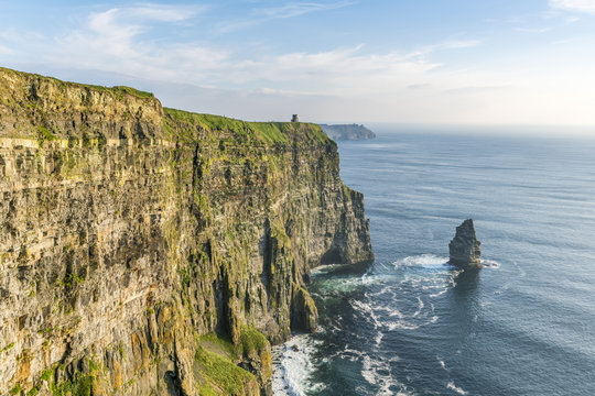 Breanan Mor and O Briens tower. Cliffs of Moher, Liscannor, Co. Clare, Munster province, Ireland.
