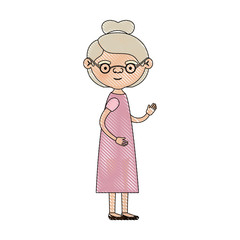 color crayon silhouette of full body elderly woman in dress with collected hairstyle and glasses