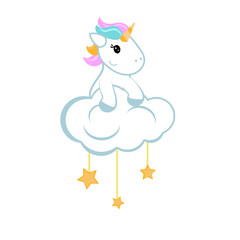 Cartoon unicorn sitting on the cloud