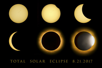 Six images chronicle the progression of the Total Solar Eclipse on August 21, 2017.