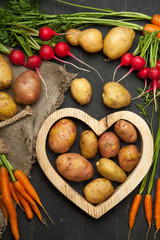 Carrots, potatoes, radish and heart on a black background