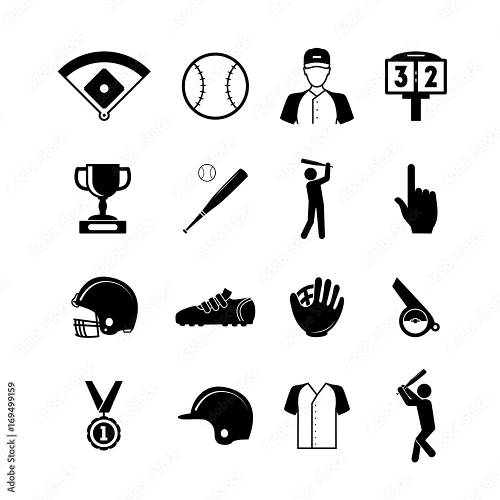 Sticker Symbol of Sport Baseball Black Icons Set. Vector