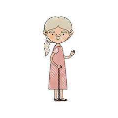 color crayon silhouette of full body elderly woman in walking stick with dress and ponytail side hairstyle