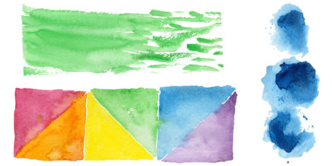 Watercolor colorful texture illustration. Aquarelle paper splash shapes isolated drawing. Abstract aquarelle for background, texture, wrapper pattern, frame or border.
