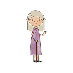 color crayon silhouette of full body elderly woman in walking stick with dress and straight medium hairstyle