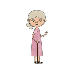 color crayon silhouette of full body elderly woman in walking stick with dress and side collected hairstyle