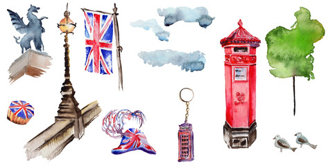 Watercolor London illustration. Great Britain hand drawn symbols: red phone booth, Big Ben clock, flag of Great Britain, Tower Bridge. Aquarelle elements for background, texture, wrapper pattern.