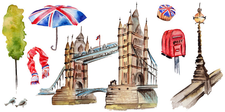 Watercolor London illustration. Great Britain hand drawn symbols: red phone booth, Big Ben clock, flag of Great Britain, Tower Bridge. Aquarelle elements for background, texture, wrapper pattern.