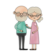 color crayon silhouette of full body couple elderly of bald grandfather with beard and glasses with grandmother with bun side hair in dress