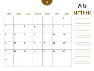 Vector of calendar 2018 ( September ) in simple clean table style with note line in earth tone color theme,full size 21 x 16 cm,Week start on Sunday