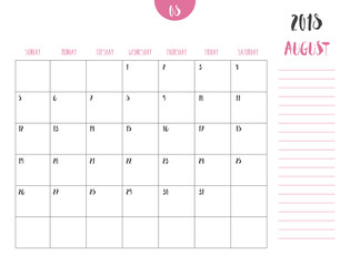 Vector of calendar 2018 ( august ) in simple clean table style with note line in earth tone color theme,full size 21 x 16 cm,Week start on Sunday