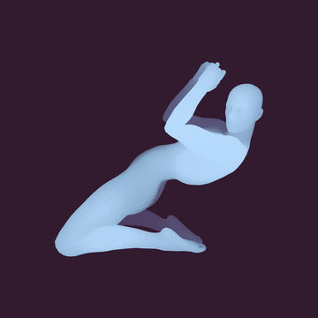 The dancer performs a dance on his knees. Silhouette of a Dancer. 3D Model of Man. Human Body. Sport Symbol. Design Element. Vector Illustration.