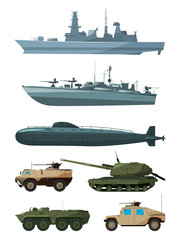 Warships and armored vehicles of land forces. Military transport support - obrazy, fototapety, plakaty