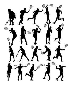 Man tennis players vector silhouette isolated on white background. Big set of sport tennis silhouette isolated. Editable different recreation silhouettes.