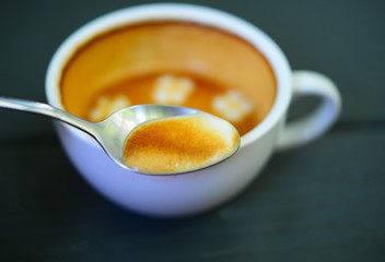 hot coffee with foam milk art of love. White cup of coffee. Coffee cup