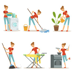 Fototapeta premium Housewife make different domestic works. Mother occupation. Vector cartoon characters set