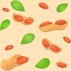 Vector seamless background peanut nut. A pattern of shelled peanuts nuts in shell and shelled, leaves. Tasty Image on beige background nuts for printing on packaging, advertising of healthy foods