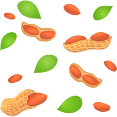 Vector seamless background peanut nut. A pattern of shelled peanuts nuts in shell and shelled, leaves. Tasty Image on white background nuts for printing on packaging, advertising of healthy foods
