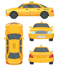 Naklejka premium Different views of taxi yellow car. Automobile isolated on white, vector illustrations