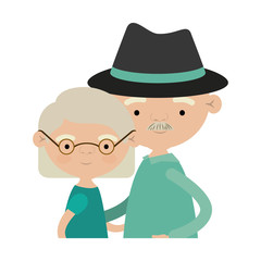 light color silhouette of half body couple elderly of grandmother with glasses and short hair with grandfather with hat and moustache
